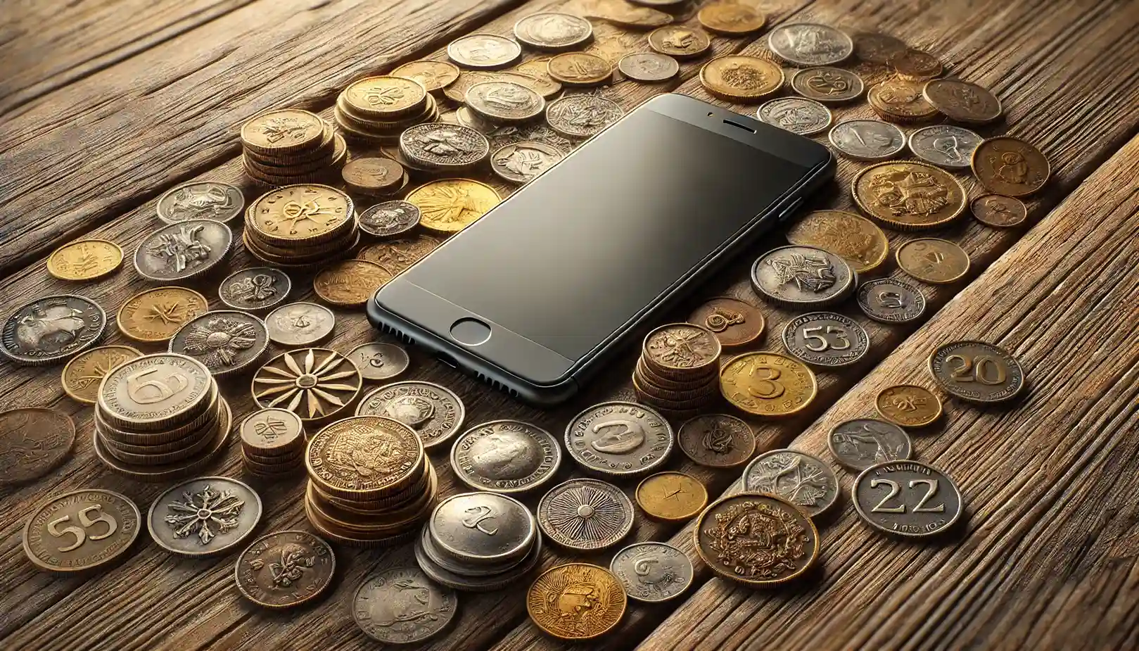 a turned-off smartphone lying on a wooden table surrounded by various coins from different eras and countries.