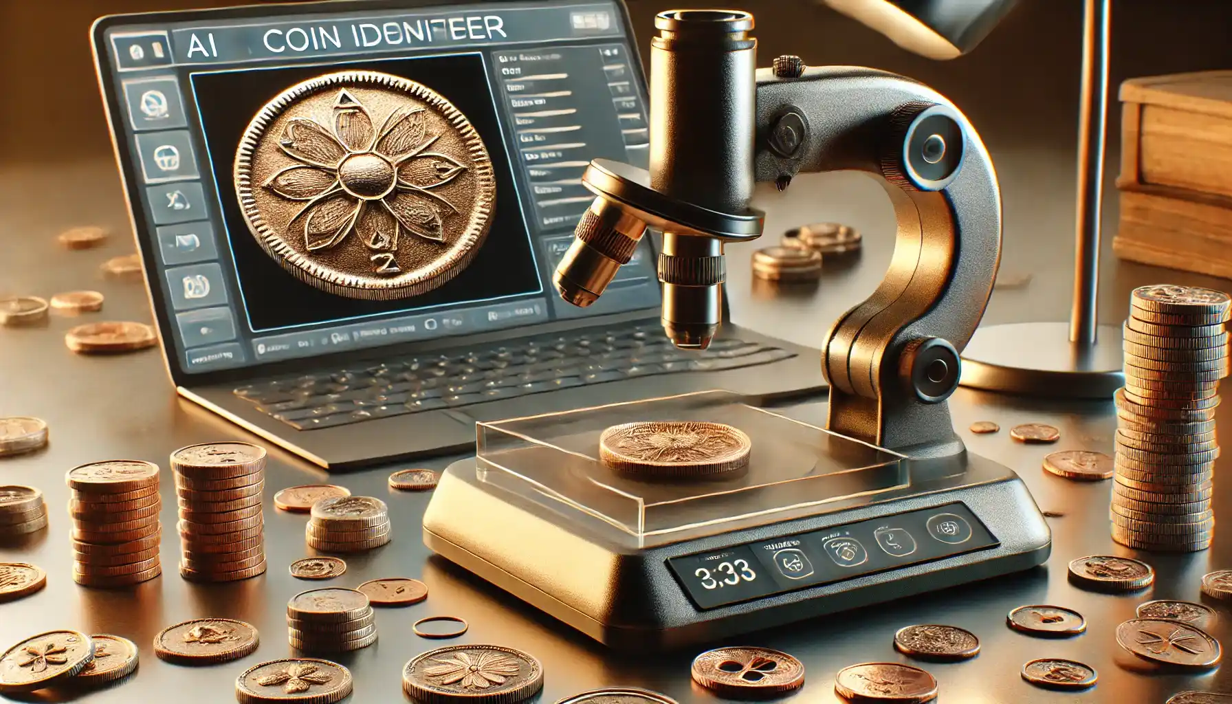 an AI coin identifier setup on a desktop with a digital microscope focused on an ancient coin. The coin is displayed on a computer screen with details about its origin, age, and features, while other coins lie nearby on the desk.