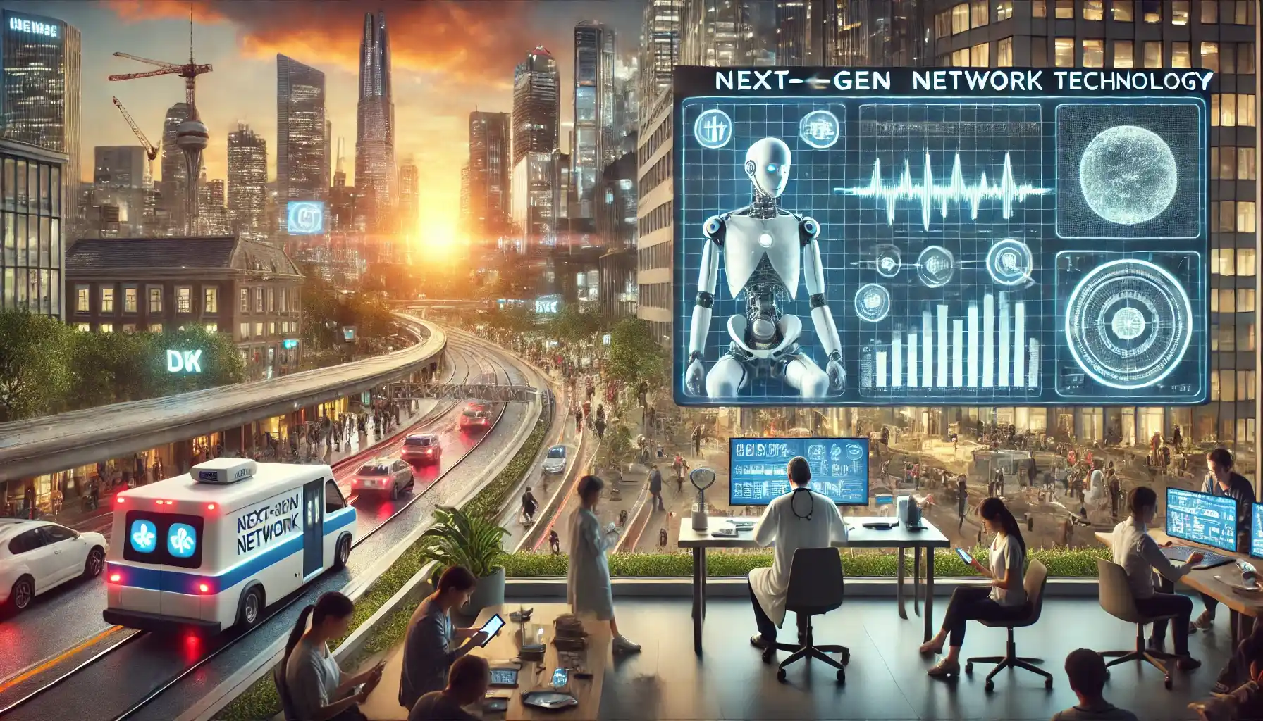 A modern healthcare setting showcasing next-gen network technology with real-time telemedicine.