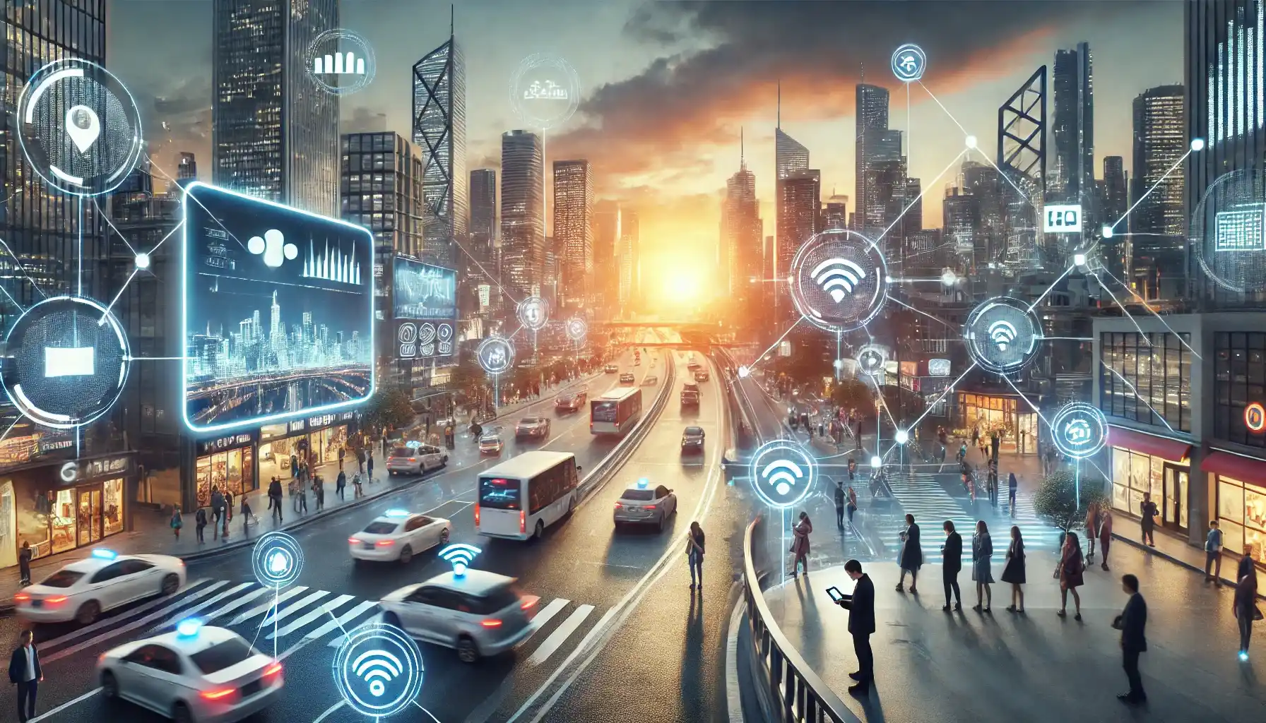 People are using various devices connected through next-gen networks, and autonomous vehicles move along the streets.